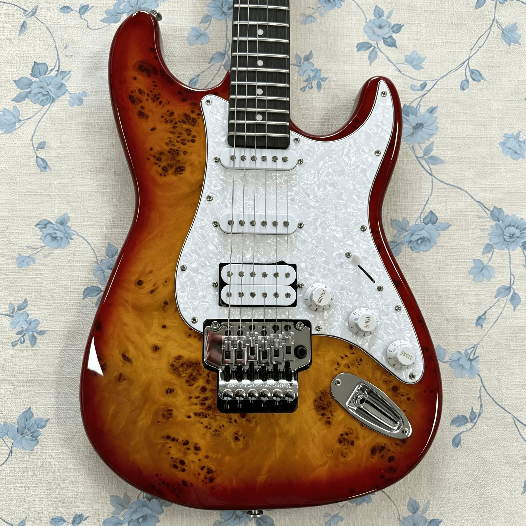 US Warehouse Burst Burl Top ST Style Electric Guitar SSH Pickup Configuration White Pearl Pickguard Chrome Tremolo System Vintage Sunburst Stratocaster Guitar for Rock Blues Player In Stock view 8