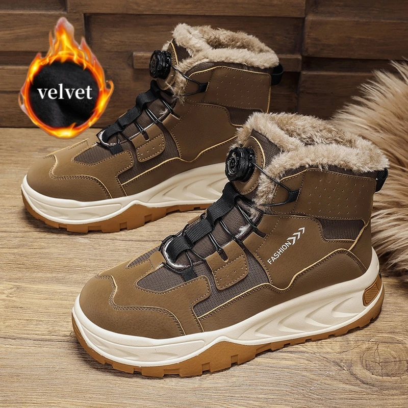 

Winter Plush Snow Boots Men Rotary Buckle Non-slip Men's Motorcycle Boots Outdoor High Top Trekking Sneakers Man Platform Boots