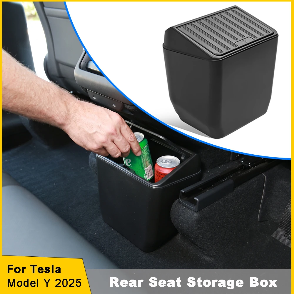 For Tesla Model Y 2025 ABS Car Rear Seat Storage Box Trash Bin With Cover Speical Organizer Umbrella Box Auto Interior Accessory