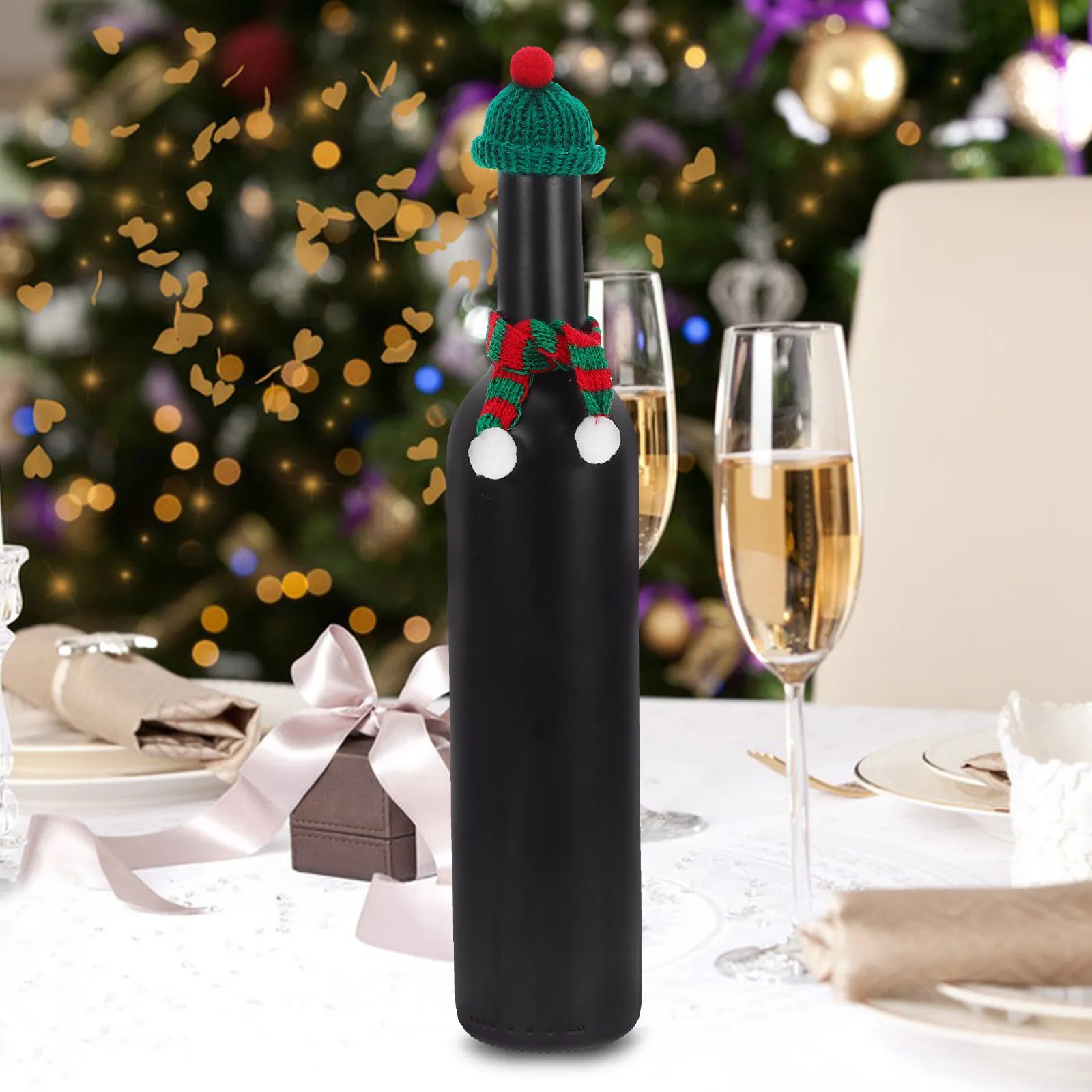 32Pcs Mini Christmas Knit Bottle Hat and Scarf Set for Wine Bottle Decoration Holiday Party Supplies Xmas Mini Ornaments Festive