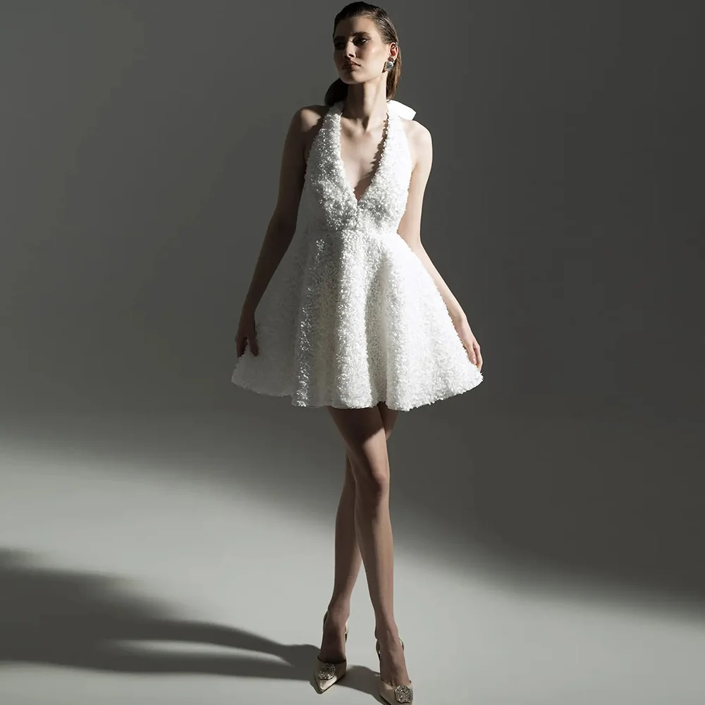 Sweetly Wedding Dresses for Parties Satin A-line Wedding Party Dresses White Halter Ruched Bow Backless Contemporary Bridal Gown