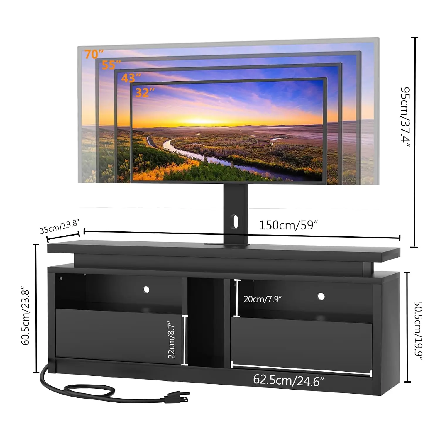 Modern TV Stand Mount Height Adjustable Entertainment Center Power Outlet Flip Drawer for 75 inch TV Living Room Bedroom, Custom