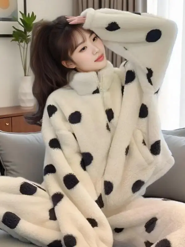 

Women's Clothing Polka Dot Home Set Pajamas Wearable As Outerwear Fleece-Lined Thicken Autumn Fashion Keep Warm