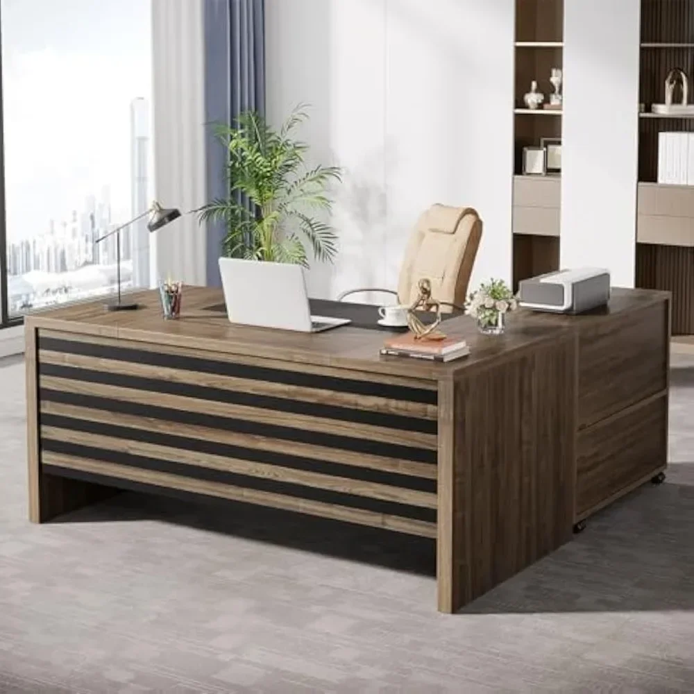 

62.2" Executive Desk with Mobile File Cabinet, L-Shaped Office with Storage Shelves, Large Computer Desk Business Workstation