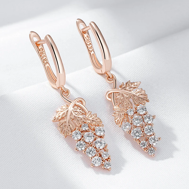 Kienl Hot Full Shiny Natural Zircon Long Drop Earring for Women 585 Rose Gold Color Unique Crystal Grape Daily Vintage Jewelry