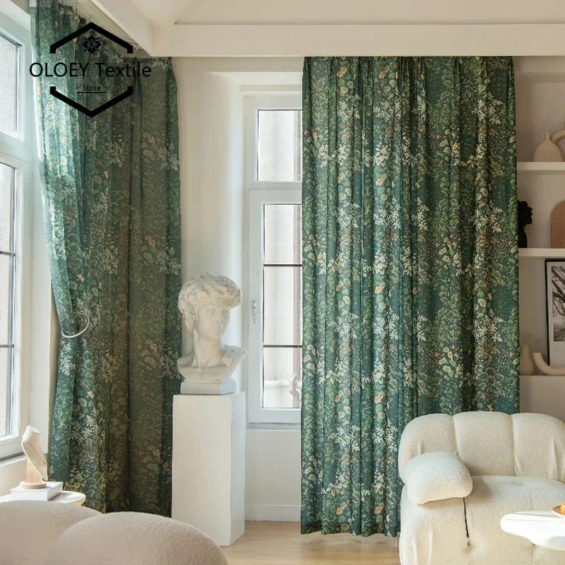 

Luxury Green Cotton Linen Curtains for Living Room Bedroom Vintage Rustic Forest Leaf Thermal Insulated Light Filtering Drapes
