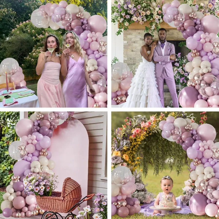 Kit arco per palloncini viola 132 pezzi con palloncini viola antico rosa chiaro oro rosa bianco e trasparente per un elegante compleanno baby shower