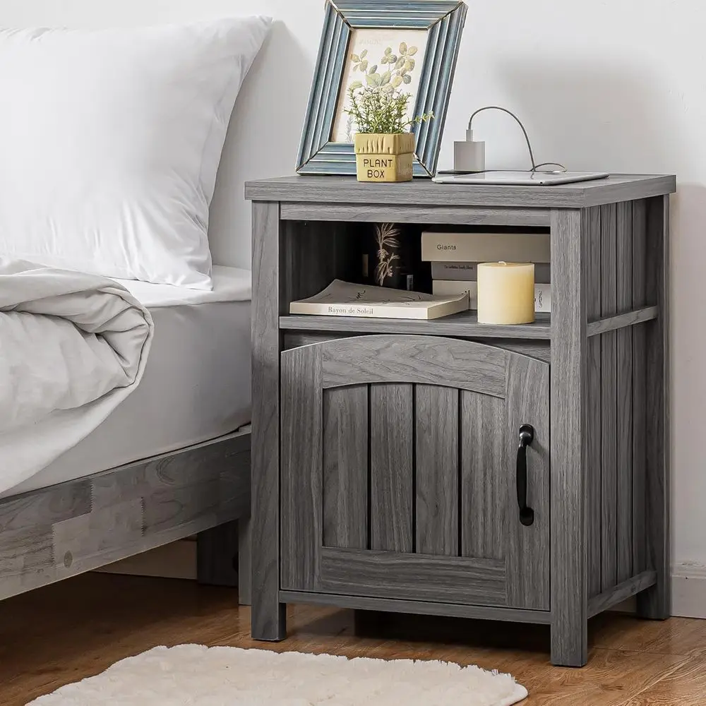 Set of 2 18 Nightstands with Charging Stations, Adjustable Shelving, Rustic Wooden Side Tables for Living and Bedroom, Gray - view 2