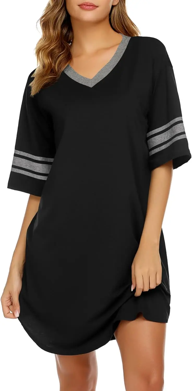 

Womens Nightgown Cotton Sleepwear Short Sleeve Sleep Shirt V Neck Color Block Nightshirt Women Night Gown Robe