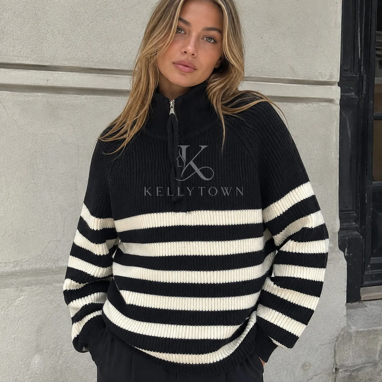 Half Zip Striped Sweater Women Turtleneck Knit Pullover Long Sleeve Oversized Loose Fit Polyester Autumn Winter свитер женский