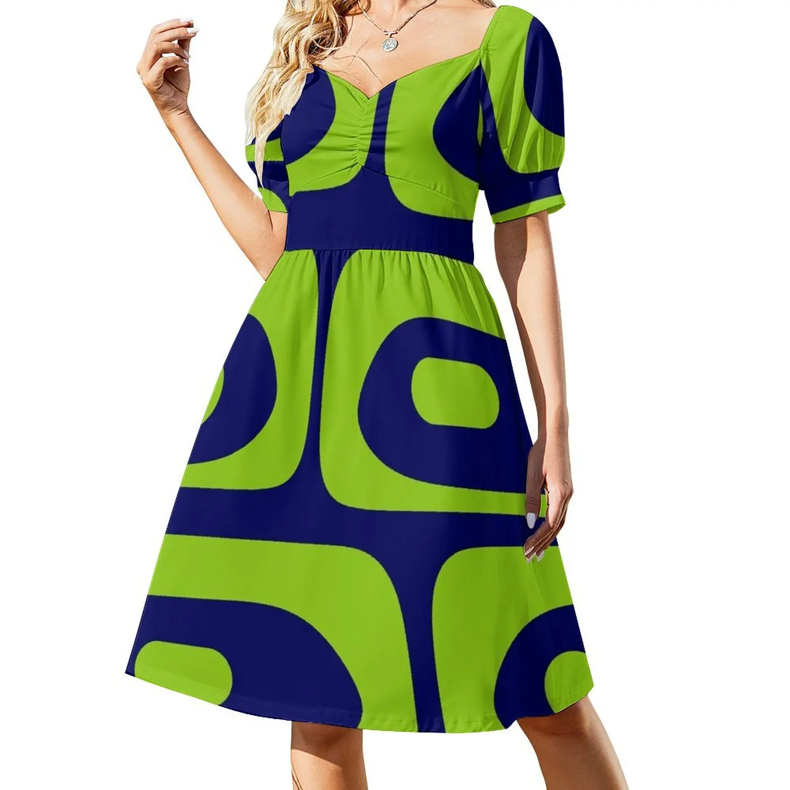 

Mid Century Modern Piquet Abstract Pattern in Bright Navy Blue and Lime Green Short-Sleeved Dress evening dresses luxury 2025