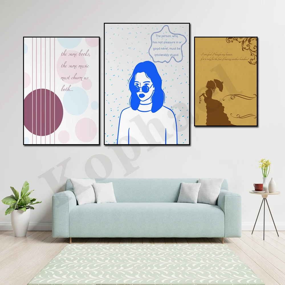 Jane Austen. Inspirational Quotes on Pride and Prejudice. Gifts for Music and Book Lovers. Sense and Sensibility Art Poster