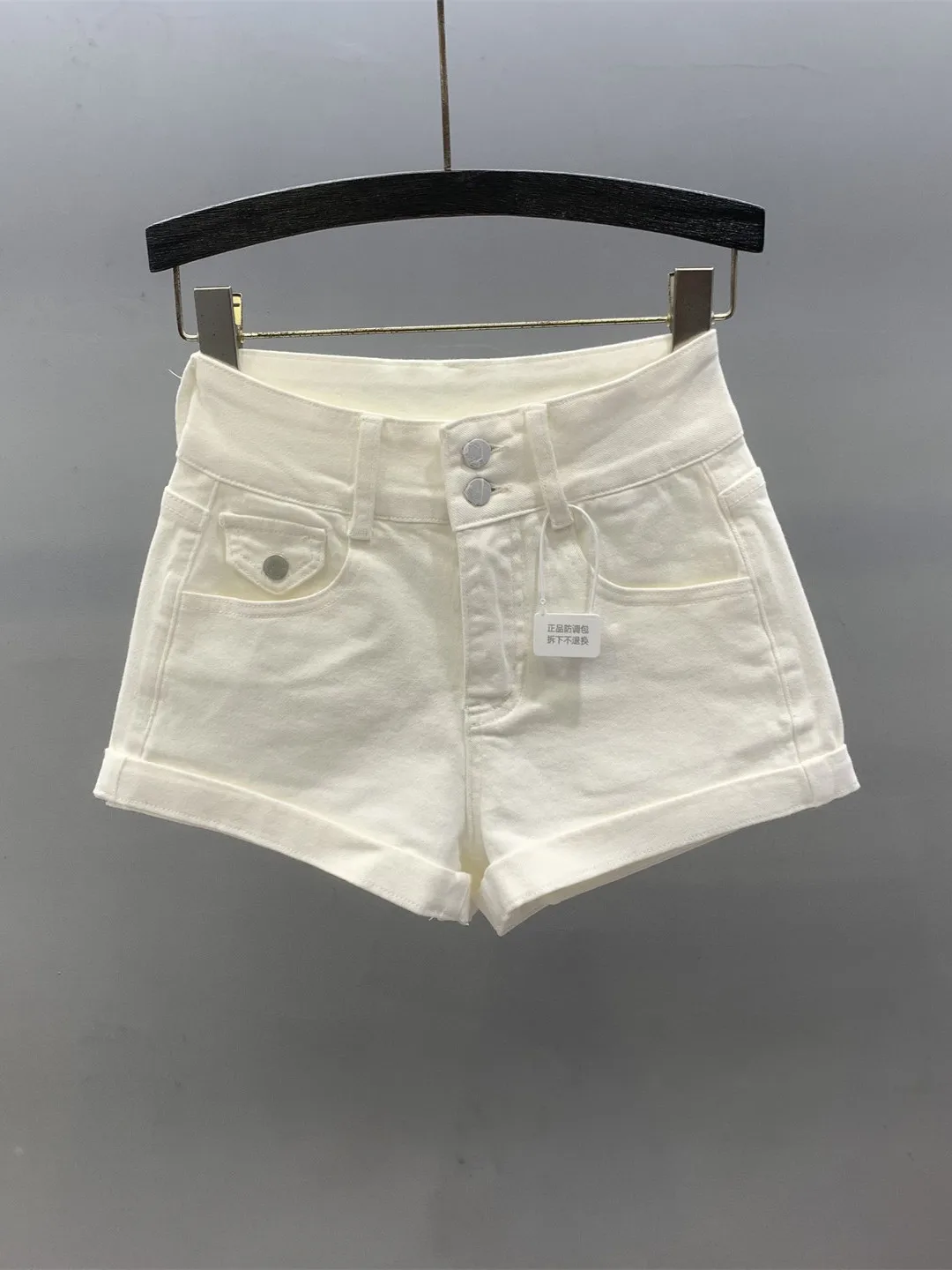 White High Waist Cuffed Denim Shorts Women Summer New Slimming Versatile Sexy Straight Leg Hot Pants Mid-Rise Zipper Closure