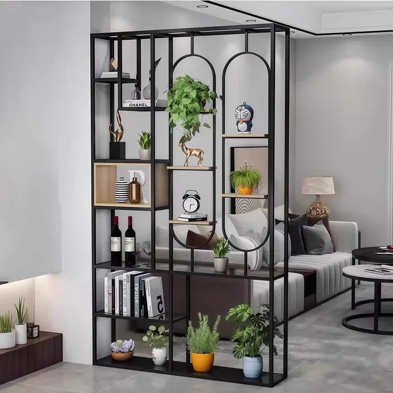 Wrought Iron Entryway Screen Shelf Solid Wood Floor Bookcase Hollow Partition Wall Decor Living Room Entrance Storage Rack
