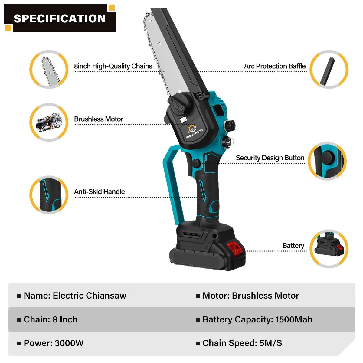 8 inch Brushless Electric Chainsaw Cordless Oil Auto Fillment Chain Saw Rechargeable Wood Cutter for Makita 18V by VIOLEWORKS