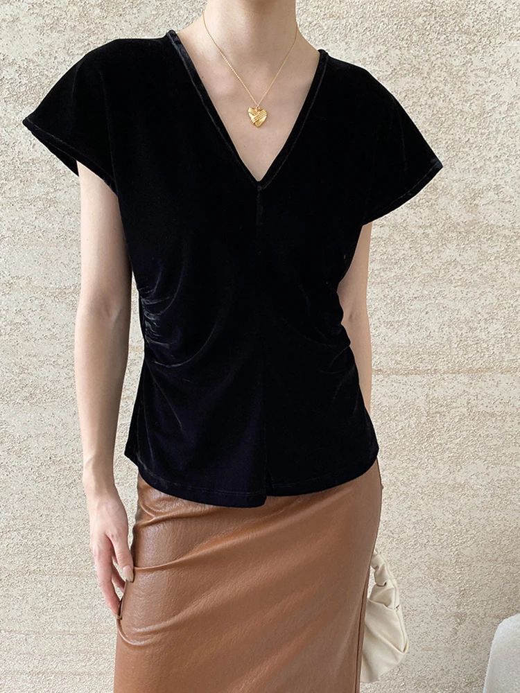 [EAM] Women Black Velvet Brief Elegant Pleated Waist T-shirt New V-Neck Short Sleeve Fashion Tide Spring Summer 2024 1DH7127