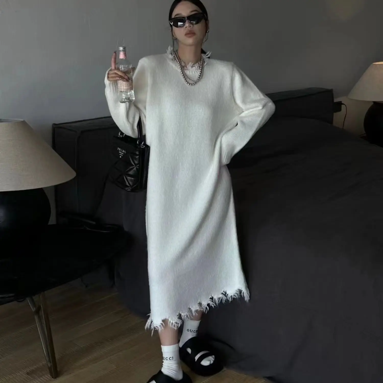 

Long Fringe Knit Dress 2025 Autumn Winter Korean Style Maxi Length Minimalist Aesthetic Straight Cut Womens Fashion