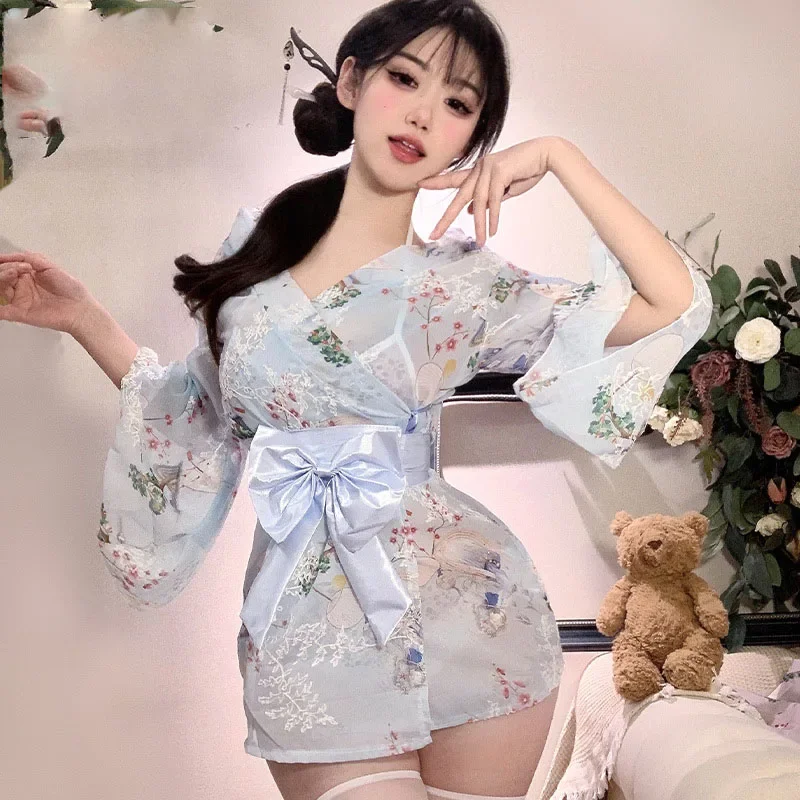 Sexy Costume Japanese Kimono Allure Sheer Sleepwear Cosplay Uniform Sex Women Erotic Lingerie Nightgowns Blossom Satin Chemise18