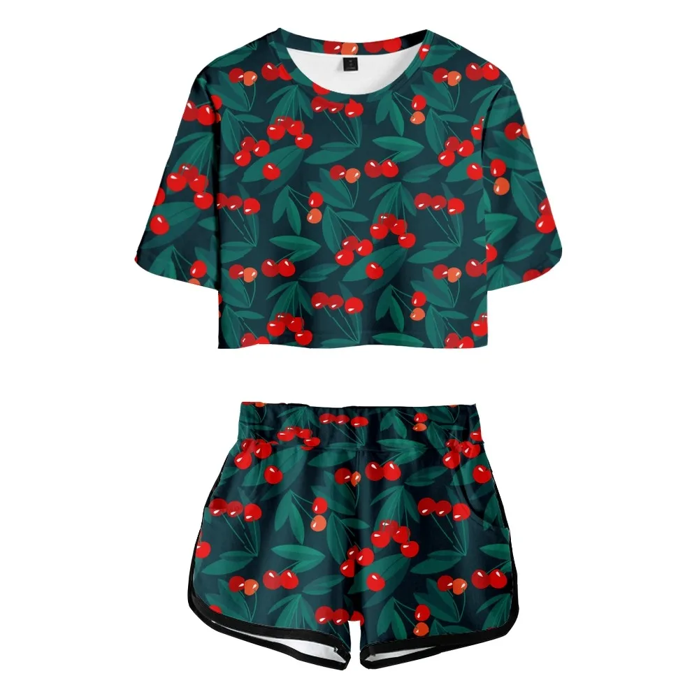 Camiseta de manga corta para hombre y mujer, pijama informal de dos piezas con estampado de fruta, ombligo corto