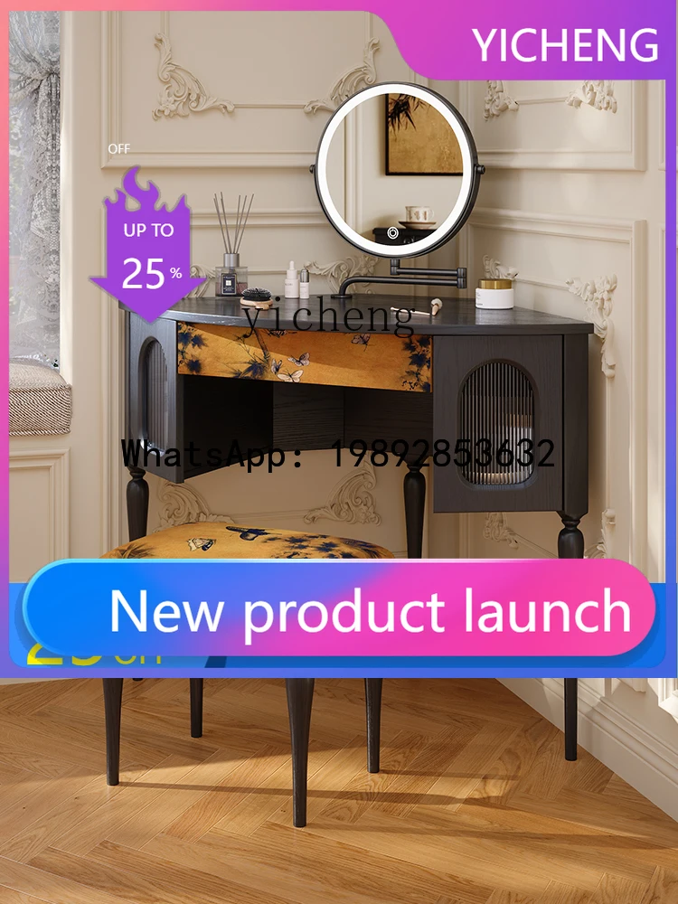 

H6 dresser French retro small apartment bedroom fan black solid wood makeup table