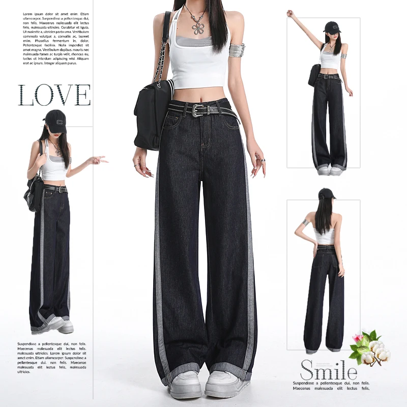 

Черные прямые джинсы с высокой талией, весенне-осенние женские модные повседневные широкие брюки, брюки Y2K, брюки 2025, дизайнерские брюки-поло