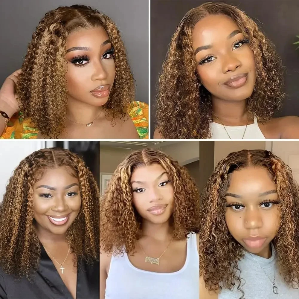 Highlight Ombre Lace Front Wig Curly Human Hair 13x4 Short Bob Wig Honey Blonde Colored Deep Wave Frontal Wig For Black Women