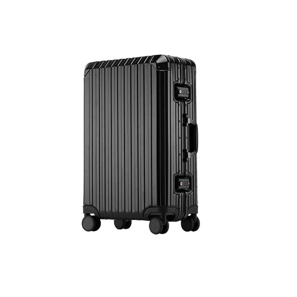 Black Aluminum Magnesium Alloy Luggage Men/Women Travel Suitcase With Telescopic Pull Rod Spinner Size:35-22-55cm