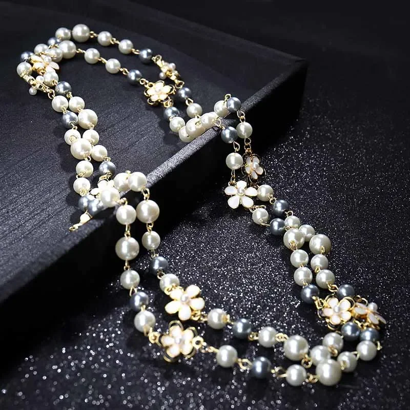 Korean luxury flower pearl long sweater chain necklace double layer necklace woman accessories