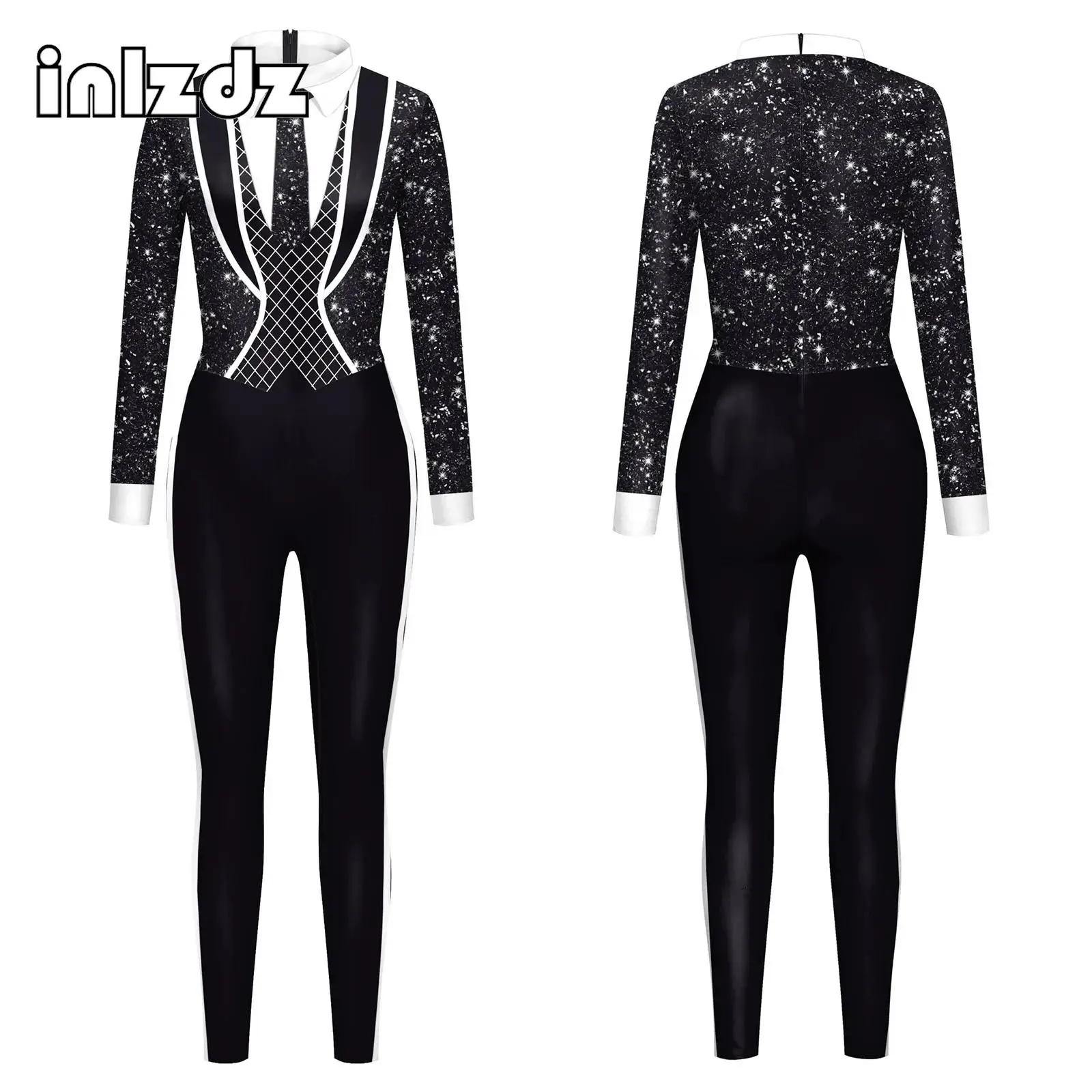 

Womens Halloween Cosplay Costume 3D Digital Printing Swim Jumpsuit Long Sleeve Slim Bodysuit Rompers for Carnival Themed Party