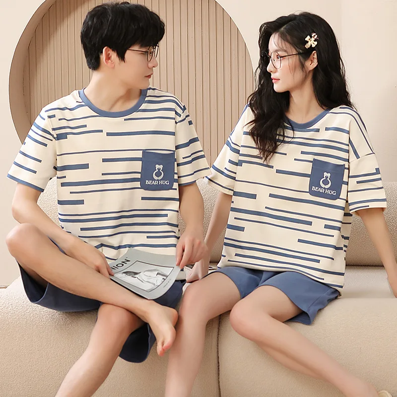 Summer Ladies Cotton Pajama Sets Men's Homewear Couples's Casual Fashion Pijamas Thin Pyjamas Female Sleepwear Male Pjs