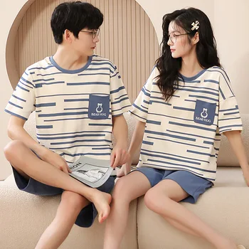 קיץ גבירותיי כותנה סטי פיג 'מה גברים Homewear של זוגות של מזדמן אופנה פיג' מות דק פיג נשי הלבשת זכר Pjs