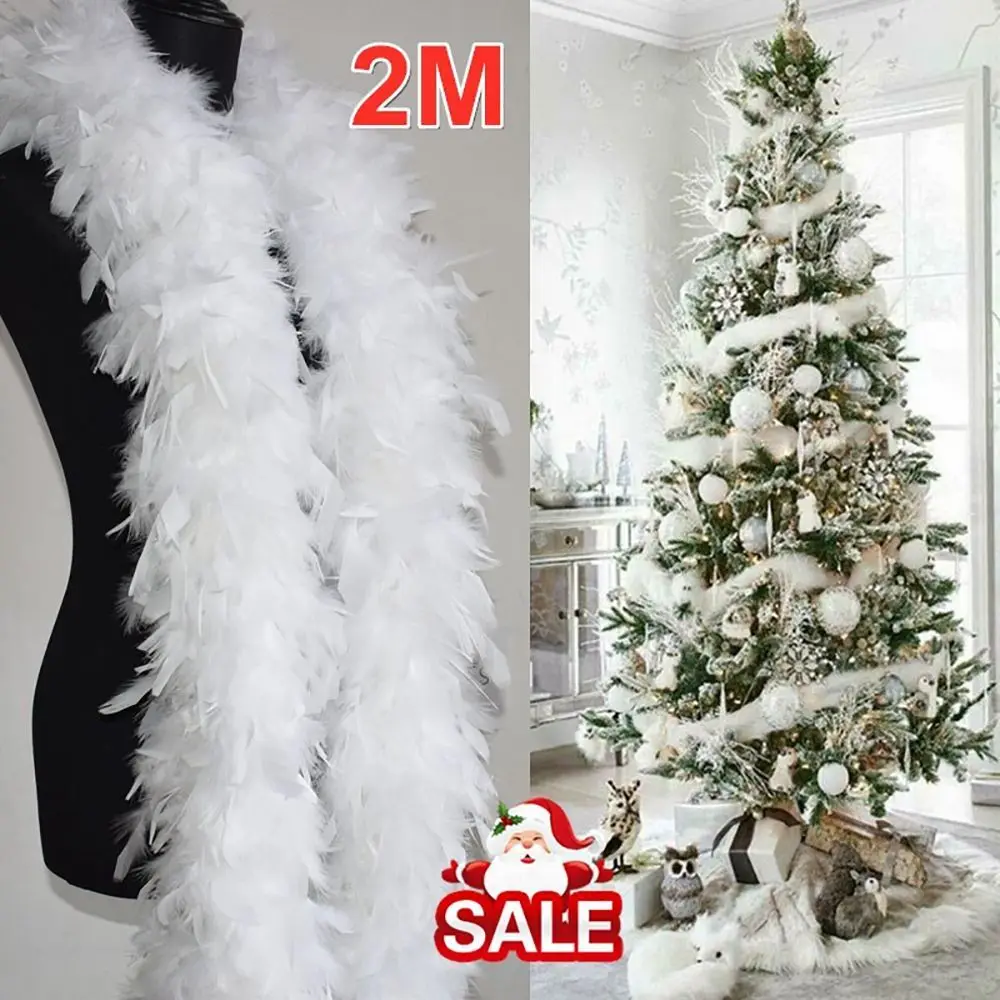 2M Christmas Tree White Feather Boa Strip Xmas Ribbon Party Garland Decor Grament Accessaries Wedding Supplies