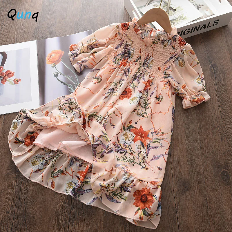 

Qunq 2022 Summer New Chiffon Girls Floral Dress Pink Color Straight Casual Summer Clothes for Children Lovely Princess Outfit