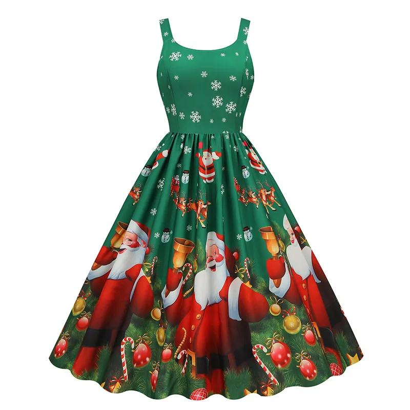 Frauen Weihnachts kleid Vintage Halfter sexy Party lässig Swing Robe hohe Taille drucken Midi Sommerkleid