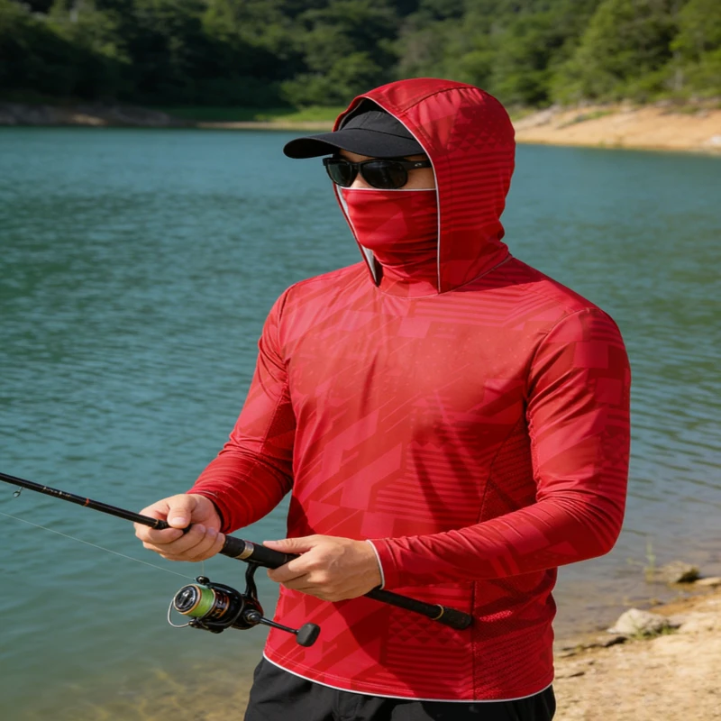 

Рыболовная футболка с длинным рукавом и капюшоном 2026, UPF 50+, с защитой от солнца, мужская, с маской для лица, одежда для рыбалки