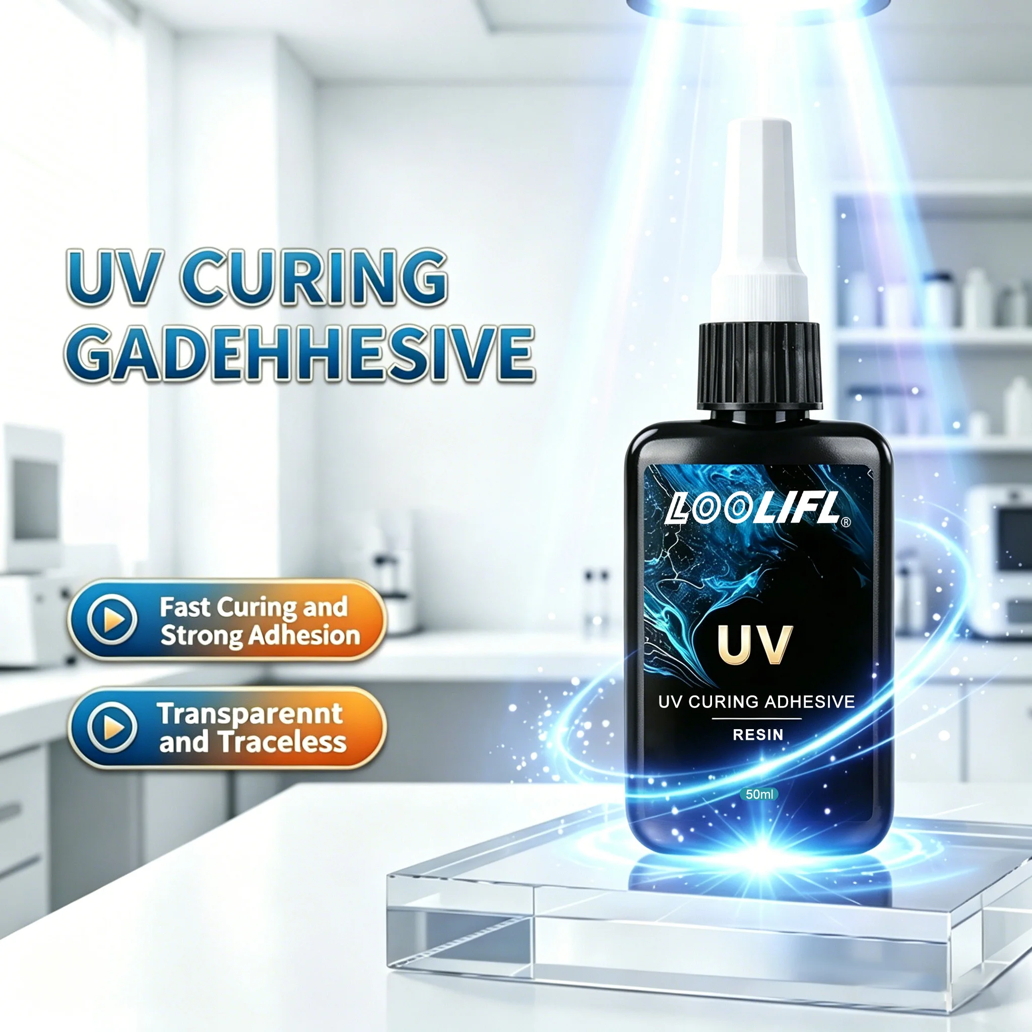 LOOLIFL50 ml UV-Kleber, UV-härtendes Kleberharz, transparent, spurlos, stark haftend, schnell härtend, für Glas, Metall, Kunststoff, DIY-Bastelarbeiten