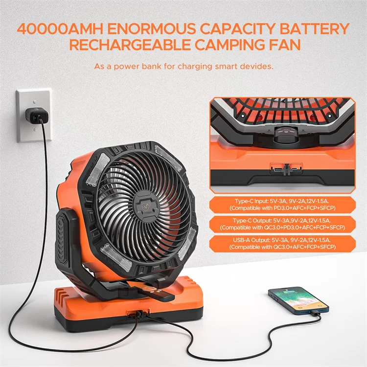 Ventilador de acampamento industrial de 40000mAh - Ventilador recarregável para barraca ao ar livre com luz LED (oscilante automático, 3 configurações de velocidade)
