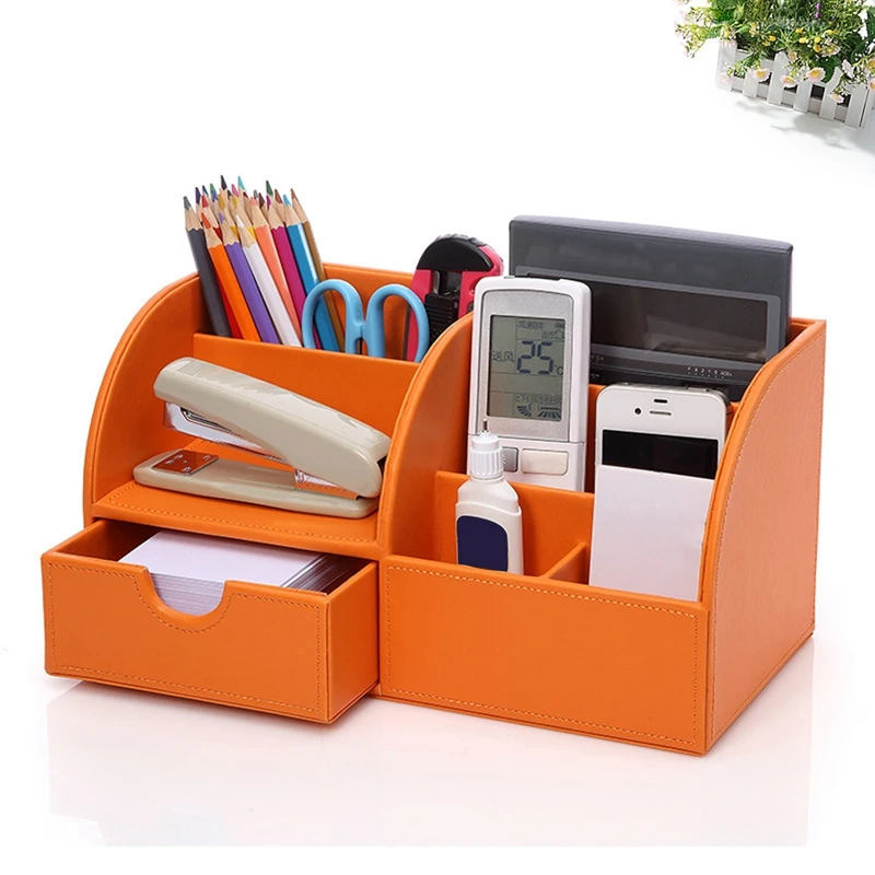 Multifunctional Leather Large Pen Holder Remote Control Cosmetic Storage Box Desktop Stationery Storage Box