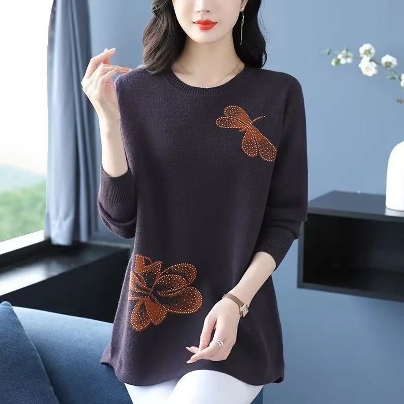 

Осенне-зимний новый модный вязаный свитер с круглым вырезом средней длины, свободный низ, топ