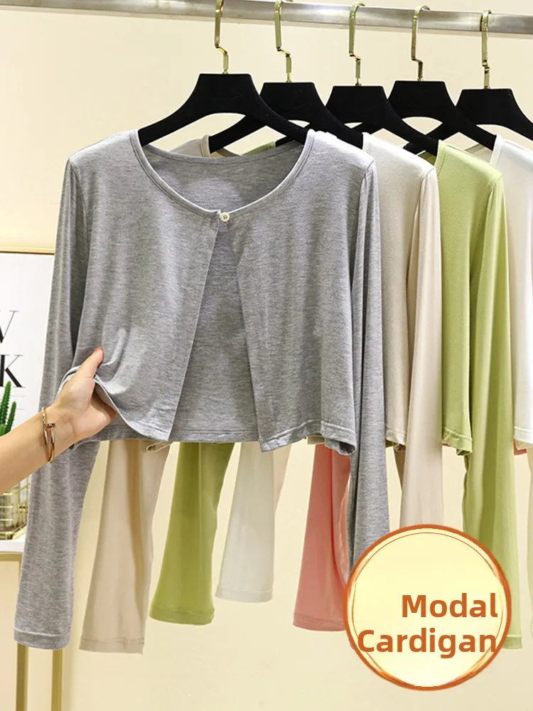 Modal Thin Short Outerwear Women's Long Sleeve Open Cardigan Top plus Size Slimming with Strap Buttoned Shawl Casual Style