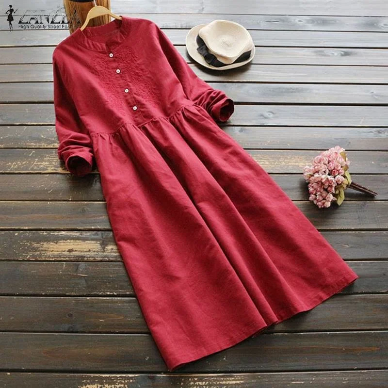 

ZANZEA Vintage Casual Embroidered Long irt Dr Autumn High Waist A-Line Skirt Women's Faion Ladies' Premium