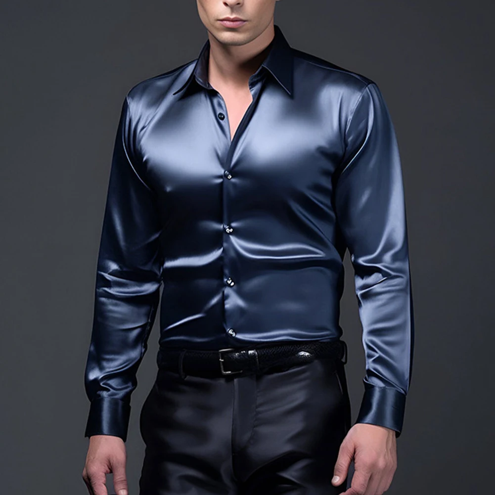 Sexy Men\'s Satin Silk Shirts And Blouses Solid Color Slim Fit Party Long Sleeve Social Shirt Man Clothing