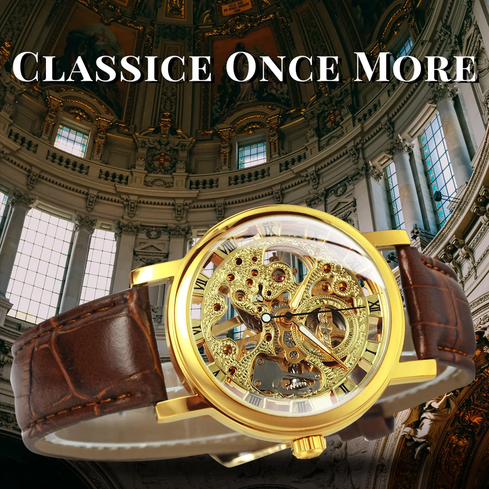 WINNER Royal Retro ساعات ميكانيكية مضيئة الأيدي حزام من الجلد البني العلامة التجارية الأعلى الذهبي الفاخرة اليد لف ساعة رجالي هدايا