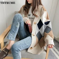 Puff Sleeve Elegant Women Sweater Fashion Patchwork Oversized Single Breasted Oversized Jumper Casual Autumn Winter Top Cardigan