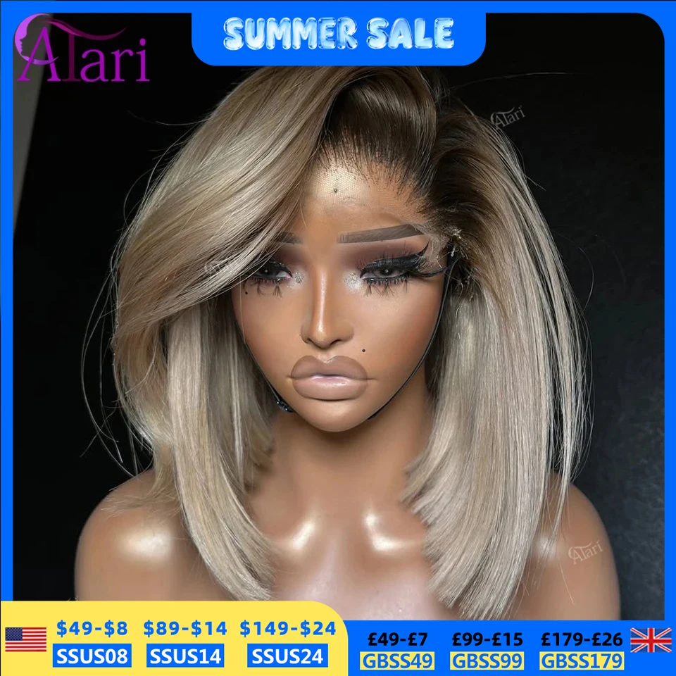 ash-blonde-with-brown-roots-short-bob-wig-transparent-13x4-full-lace-frontal-human-hair-straight-bob-wig-pre-plucked-for-women