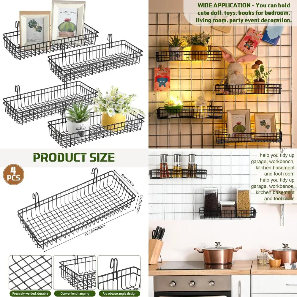 

Set of 4 Black Metal Wall Baskets with Hooks, 15.75x5.91x1.97 Inches, Multi-Purpose Storage Organizer for Kitchen and Display