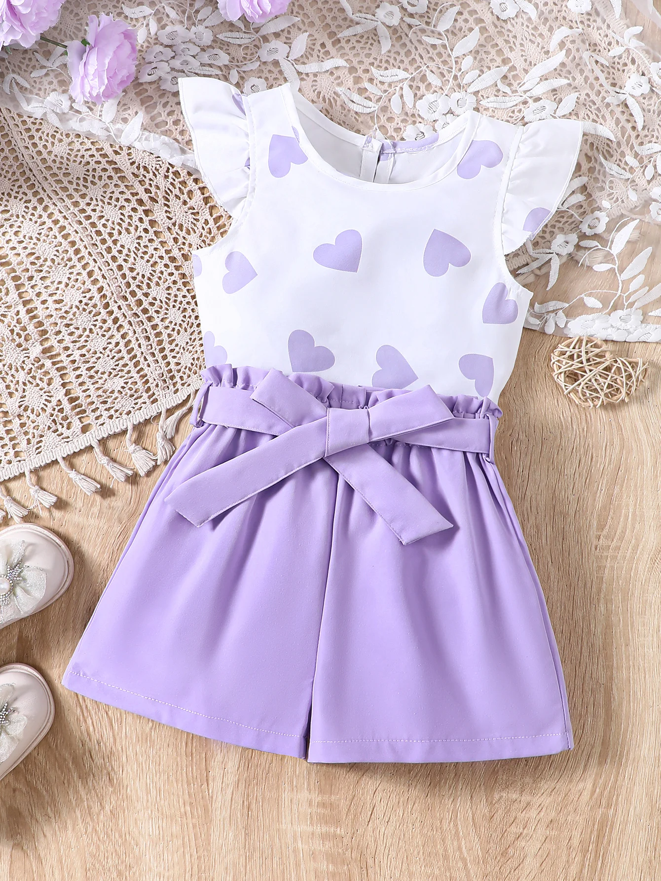 Girls Summer New Sweet, Cute, Casual, Fresh Set With Small Flying Sleeves, Love Print Top And Pure Purple Shorts, Two Piece Set