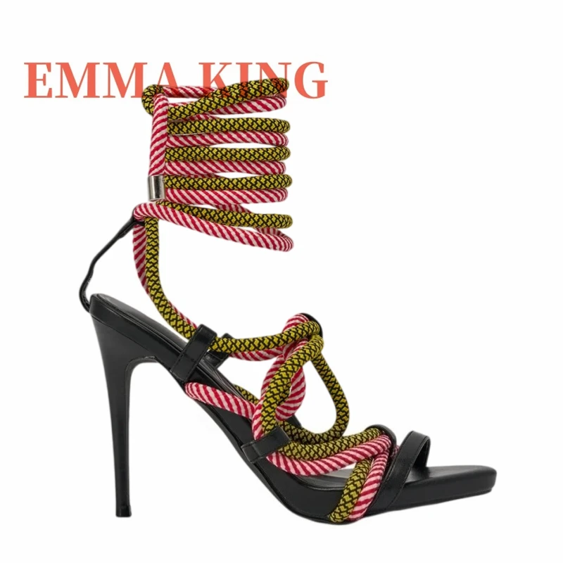 ColorBlock Rope LaceUp Stiletto Heel Sandals for Women, Trendy Multicolor Rope Straps Sandals,Sexy Colored Gladiator Sandals