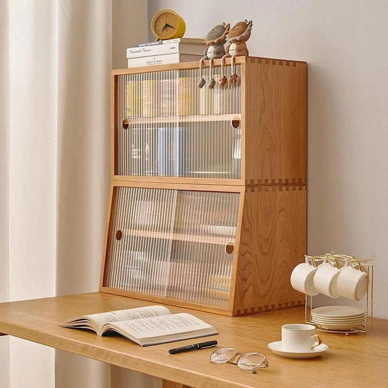 Nordic solid wood desktop side cabinet shelf, cup coffee tea set display cabinet