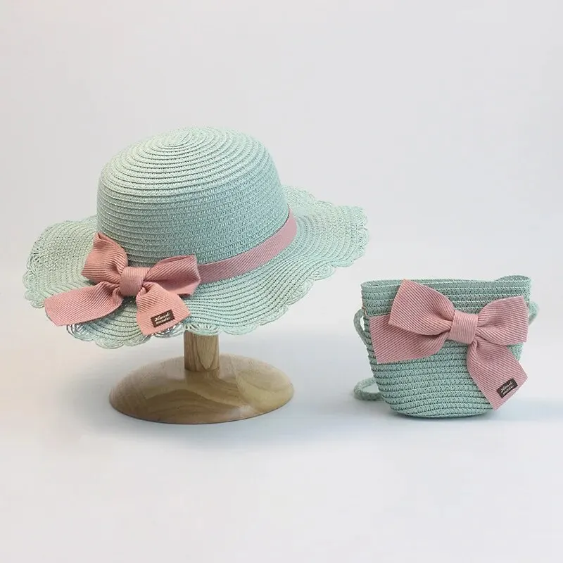 Children Straw Hat and Shoulder Bag Girls Summer Outdoor Beach Cap Cute Bow Travel Beach Sun Hat Crossbody Bag